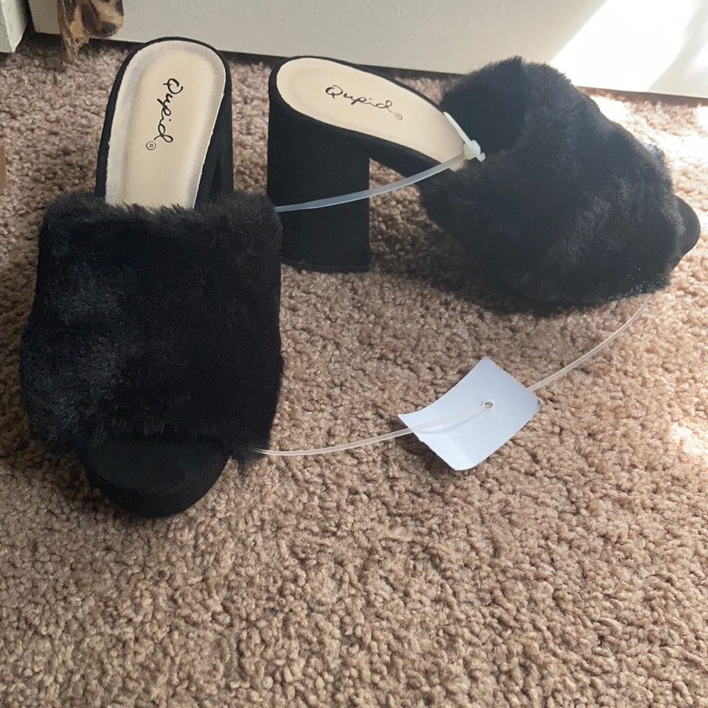 Black furry block heels